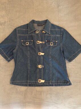 Vtg Lafei Nier Short Sleeve Denim Jacket Metal Buckle Clasp Y2K Medium Wash, S